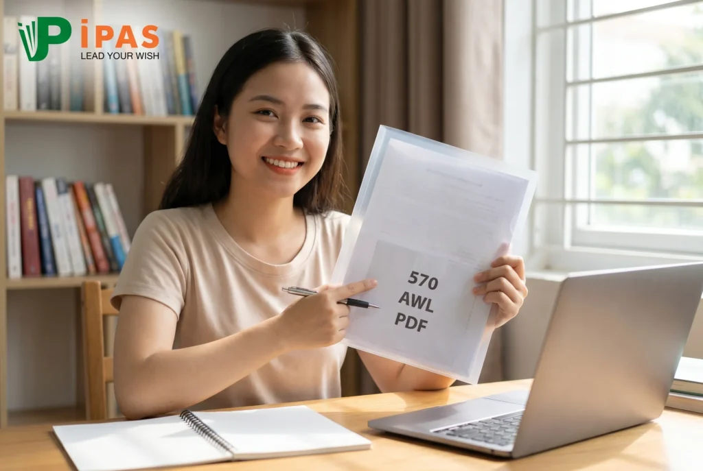 Một học sinh Việt Nam tự học tại nhà, cười tươi cầm tài liệu 570 Academic Word List (AWL) để tải về.