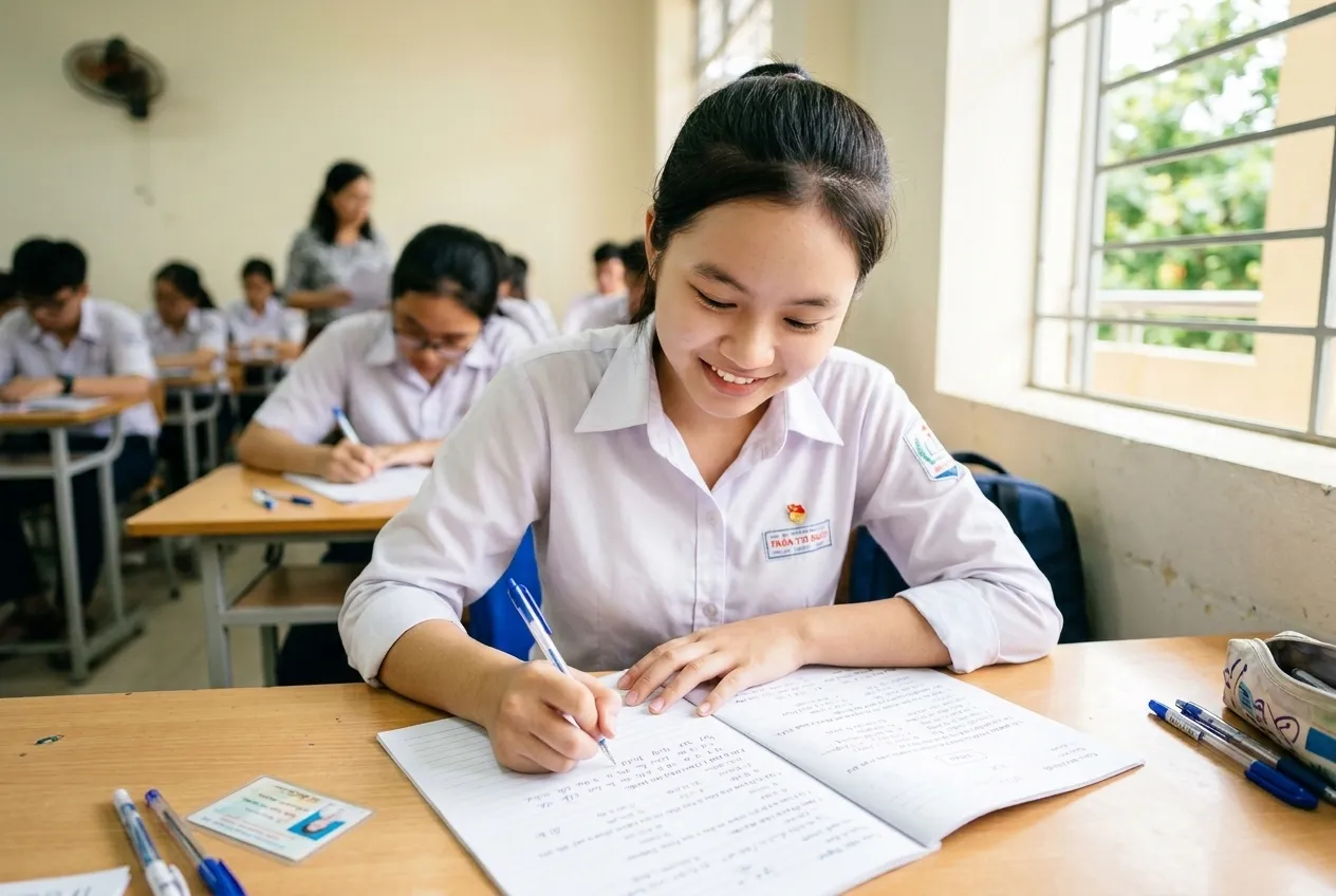 Học sinh nữ Việt Nam tự tin làm bài thi ngữ pháp về câu bị động và câu gián tiếp tại IPAS Hải Phòng.