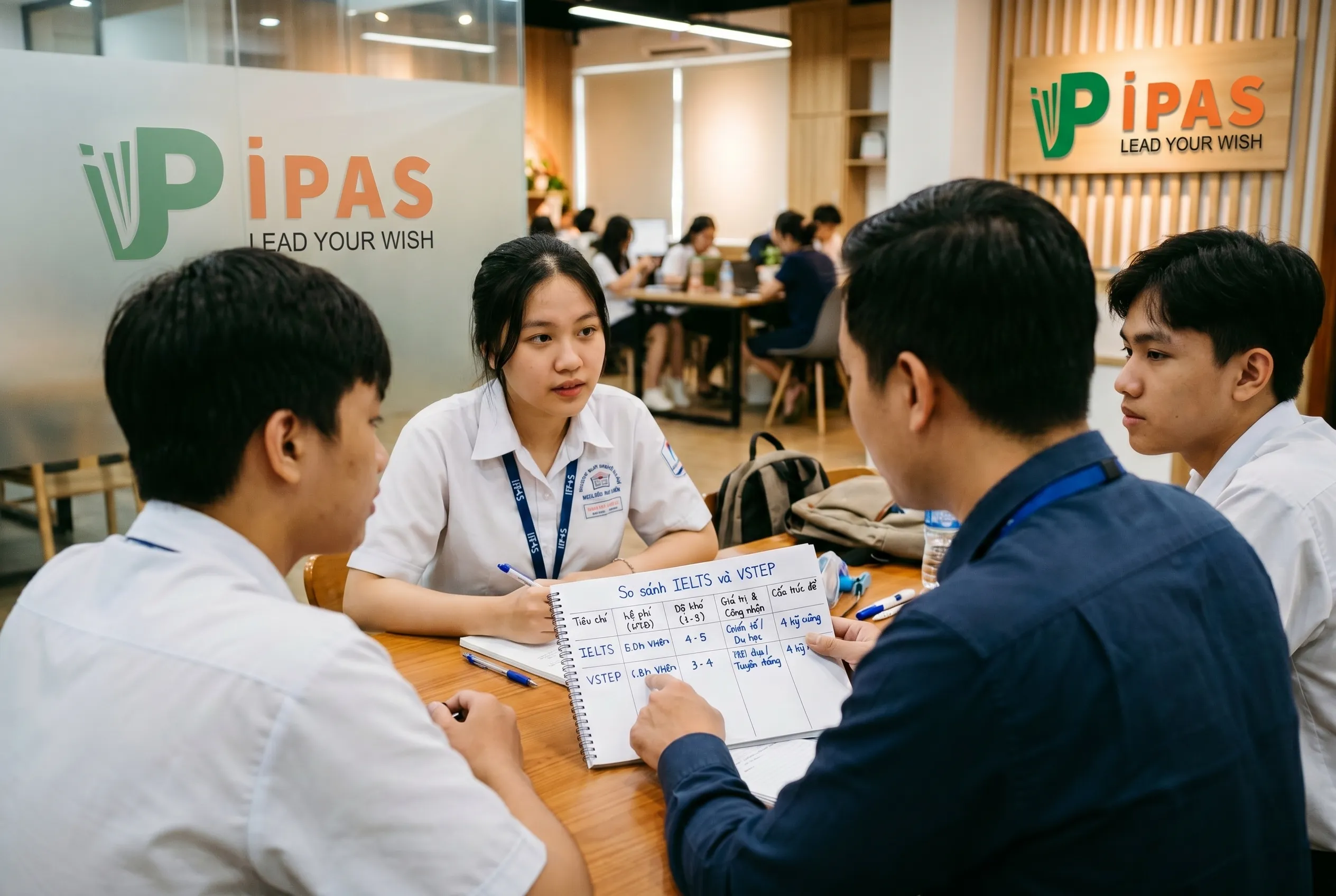 Giáo viên IPAS đang hướng dẫn học sinh cách so sánh IELTS và VSTEP thực tế dựa trên mục tiêu điểm số.