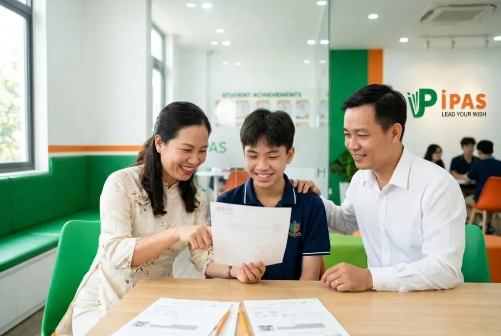 Hình ảnh gia đình hạnh phúc xem kết quả IELTS, minh họa chân thực cho phản hồi từ phụ huynh.