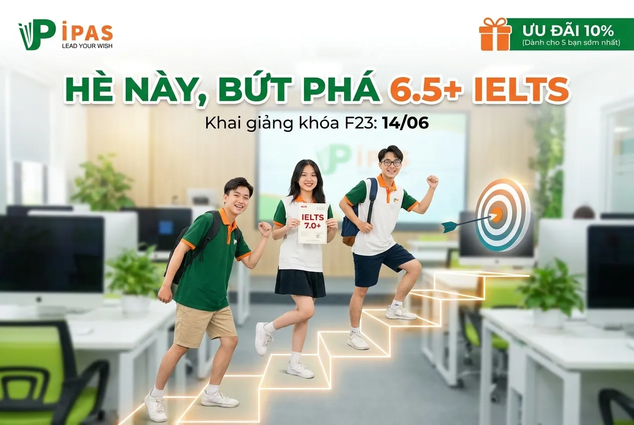 Nhóm học sinh IPAS tự tin cầm chứng chỉ IELTS bước lên bậc thang mục tiêu trong không gian phòng Lab hiện đại.