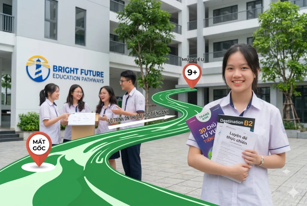 Học sinh tươi tắn cầm sách Destination B2 và bộ từ vựng, minh họa lộ trình tự ôn thi đại học tiếng Anh từ mất gốc đến 9+.
