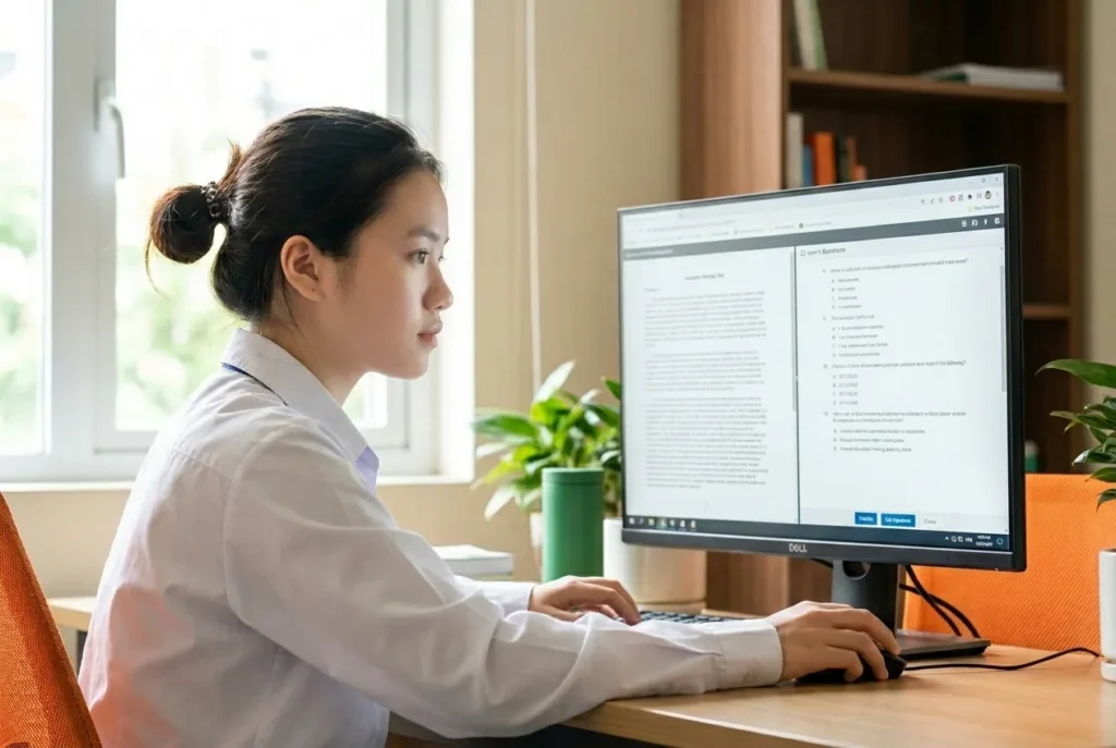 Sinh viên tập trung luyện thi thử IELTS trên máy tính với các thao tác highlight và kéo thả chuẩn năm 2026.
