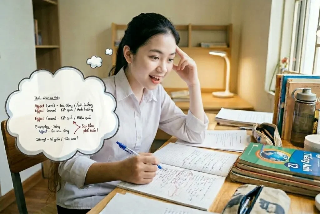 Học sinh 2k8 đang phân biệt các cặp từ dễ nhầm lẫn tiếng Anh Affect và Effect trong giờ ôn thi tại IPAS.