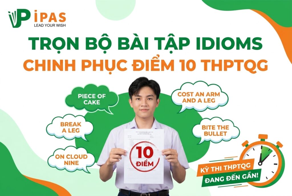 Học sinh IPAS cầm bài kiểm tra 10 điểm tiếng Anh, giới thiệu trọn bộ bài tập Idioms luyện thi THPTQG.