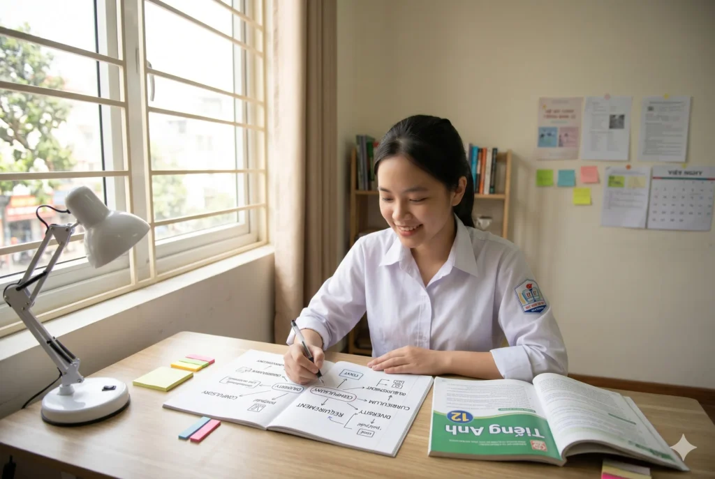 Nữ sinh học bộ 500 từ vựng Tiếng Anh 12 theo chủ đề đạt điểm 9+ đọc hiểu.