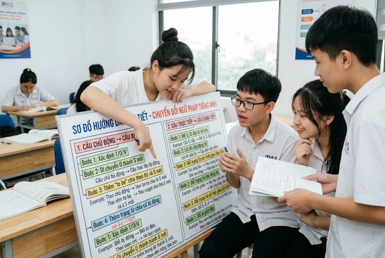 Nhóm học sinh Việt Nam đang học theo sơ đồ hướng dẫn phân biệt câu bị động và câu gián tiếp tại Trung tâm Ngoại ngữ IPAS Hải Phòng.