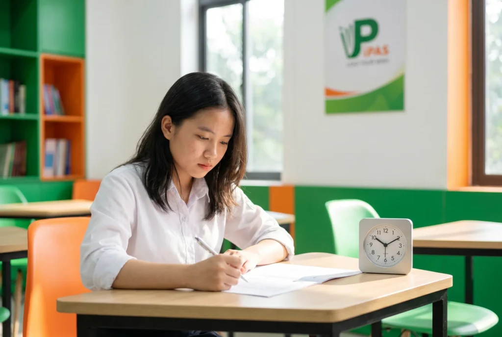 Học viên Việt Nam đang thực hành chiến lược phân bổ thời gian IELTS Reading trong phòng thi thử chuẩn quốc tế.