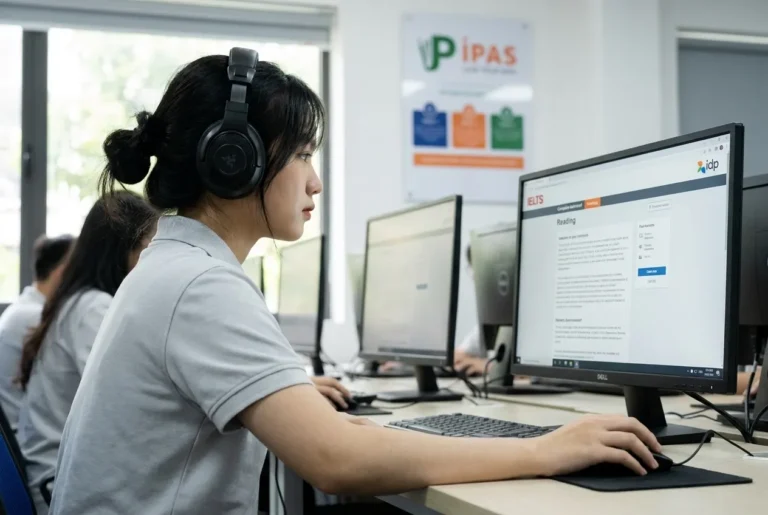Hình ảnh chân thực học viên Việt Nam đang thao tác trên giao diện thi IELTS trên máy tính tại phòng Lab IPAS Foreign Language Center Hải Phòng.