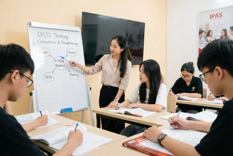 Giáo viên tại IPAS đang hướng dẫn phương pháp IELTS Thinking, Collocations và Paraphrasing cho học sinh lớp 12.