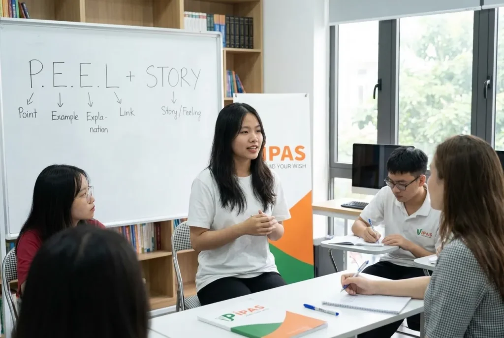Học viên IPAS tại Hải Phòng đang thực hành Speaking Part 2 dựa trên công thức P.E.E.L và kỹ thuật kể chuyện STORY để bứt phá điểm số.