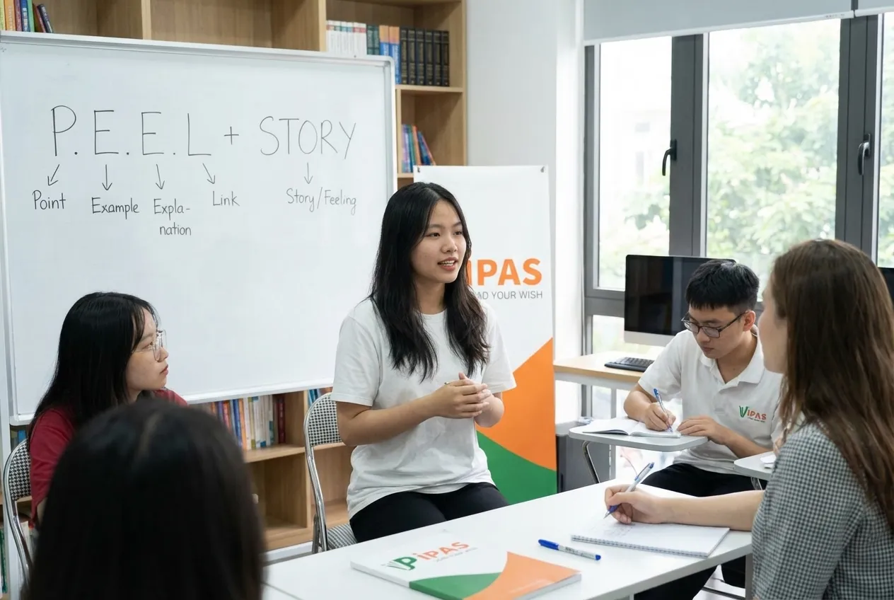 Học viên IPAS tại Hải Phòng đang thực hành Speaking Part 2 dựa trên công thức P.E.E.L và kỹ thuật kể chuyện STORY để bứt phá điểm số.