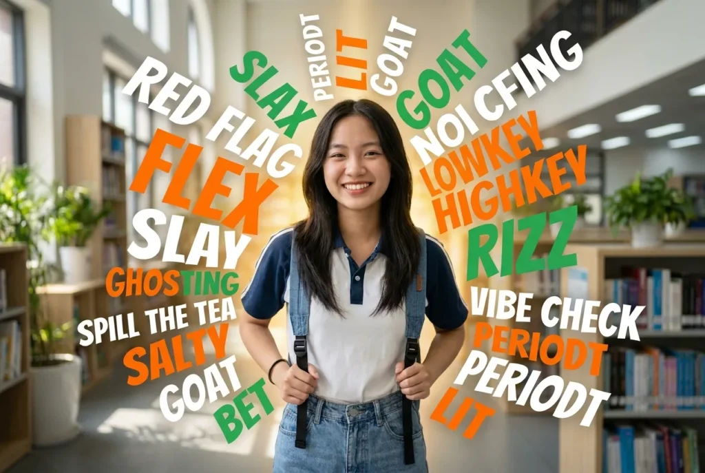 Học sinh đứng giữa luồng từ vựng Gen Z tỏa ra rực rỡ nhờ học từ vựng ứng dụng trong đời sống hàng ngày.