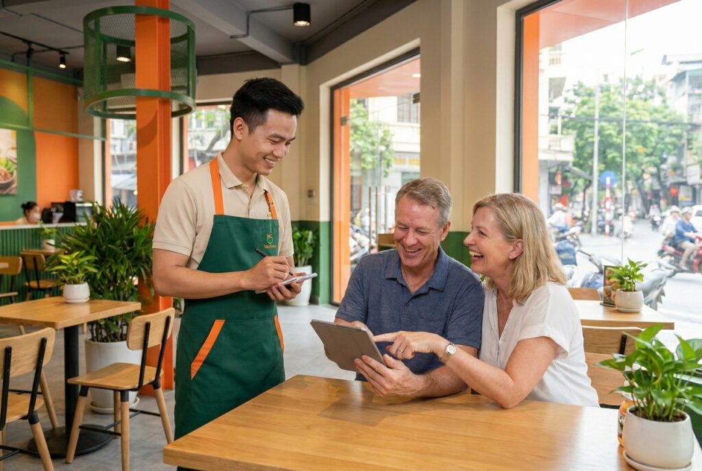 Nhân viên nhà hàng tự tin order món sau khi học tiếng Anh giao tiếp cơ bản tại Hải Phòng.