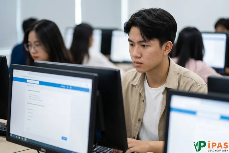 Thí sinh tập trung làm bài thi IELTS trên máy tính trước xu hướng IELTS bỏ thi giấy trên toàn cầu.