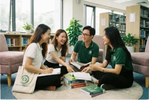 Sinh viên thảo luận sôi nổi nhờ lộ trình học tiếng Anh giao tiếp cơ bản tại Hải Phòng.