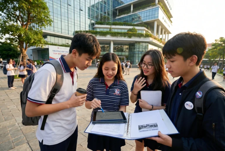 Nhóm học sinh Việt Nam trao đổi bài trước trường đại học, minh họa lộ trình luyện thi đại học môn tiếng Anh tại IPAS.