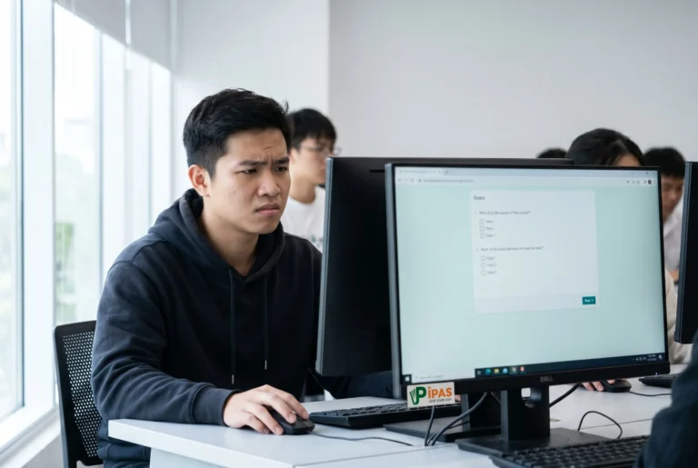 Thí sinh đang bối rối vì gặp lỗi thao tác thi IELTS trên máy tính tại phòng Lab.