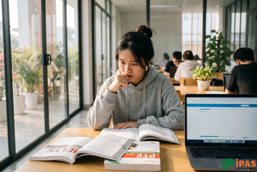 Học sinh Việt Nam cân nhắc lựa chọn giữa các chứng chỉ ngoại ngữ quốc tế như IELTS, PTE tại IPAS.