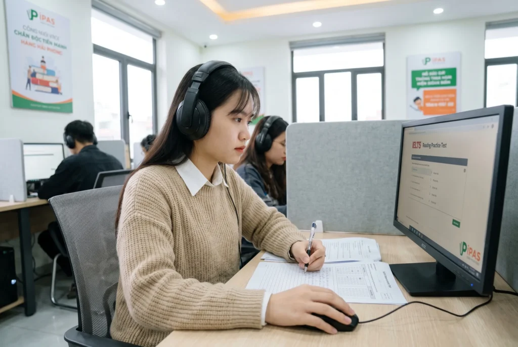 Học viên trải nghiệm phòng Lab thi thử IELTS chuẩn IDP tại IPAS Hải Phòng, tập trung làm bài thi trên máy tính với tai nghe chống ồn chuyên dụng.