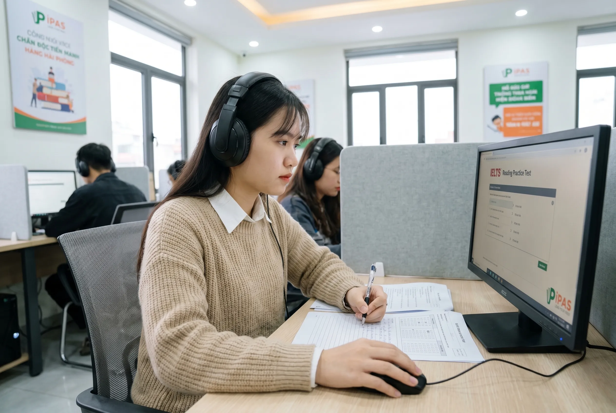 Học viên trải nghiệm phòng Lab thi thử IELTS chuẩn IDP tại IPAS Hải Phòng, tập trung làm bài thi trên máy tính với tai nghe chống ồn chuyên dụng.