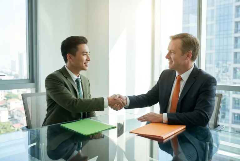 Thực tập sinh bắt tay nhà tuyển dụng nhờ khóa tiếng Anh giao tiếp cơ bản cho người đi làm.