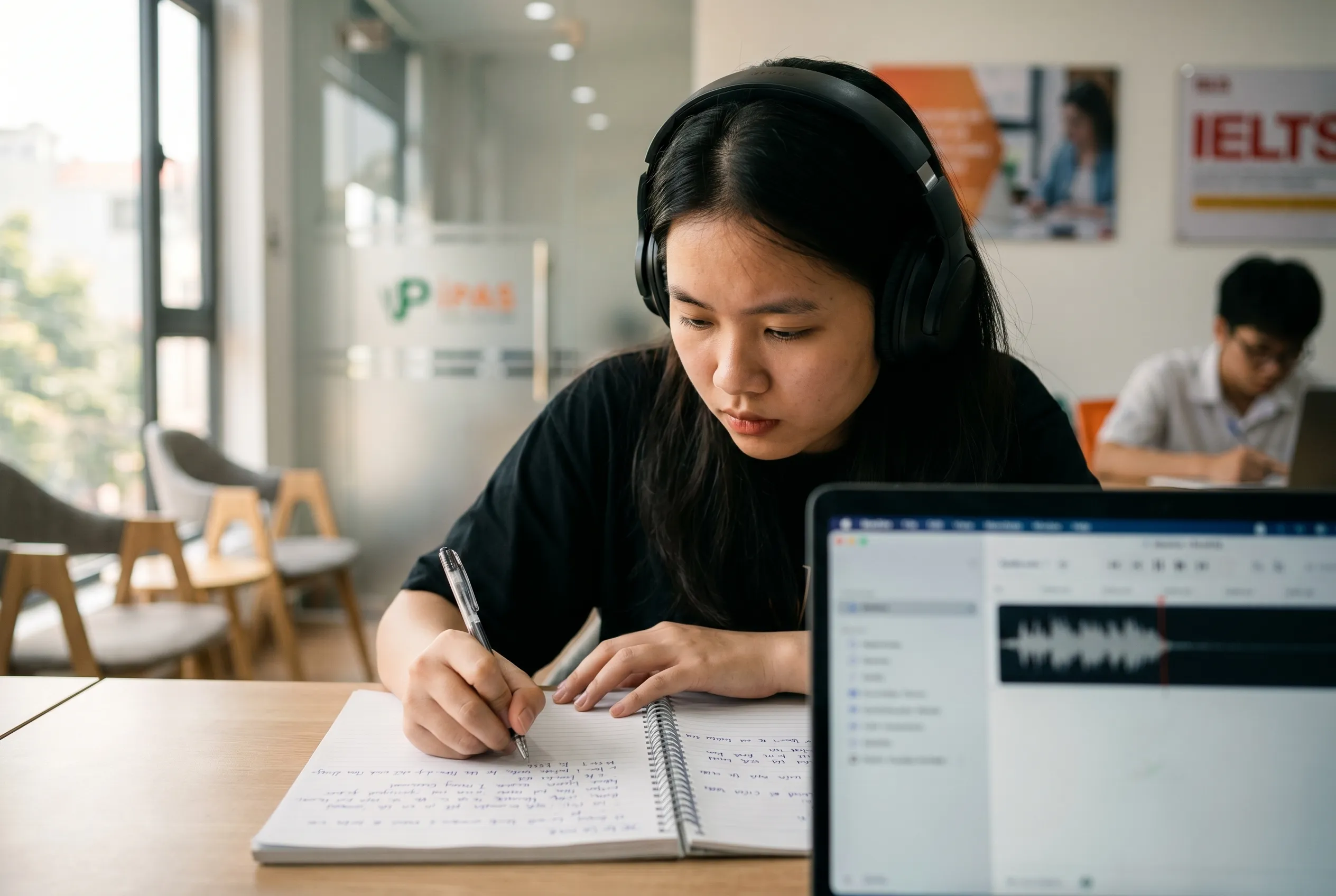 Học viên thực hành phương pháp Dictation cho Listening tại trung tâm IPAS Hải Phòng.