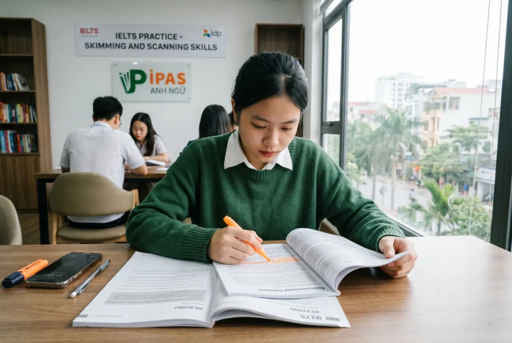 Hình ảnh học viên IPAS đang thực hành Phương pháp Skimming và Scanning trong Reading hiệu quả.
