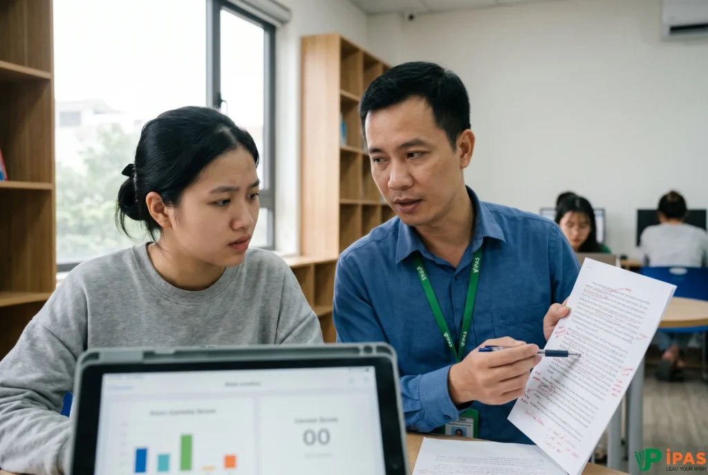 Hình ảnh chân thực học viên so sánh kết quả ảo từ AI chấm Writing IELTS với nhận xét thực tế từ giáo viên tại IPAS Hải Phòng.