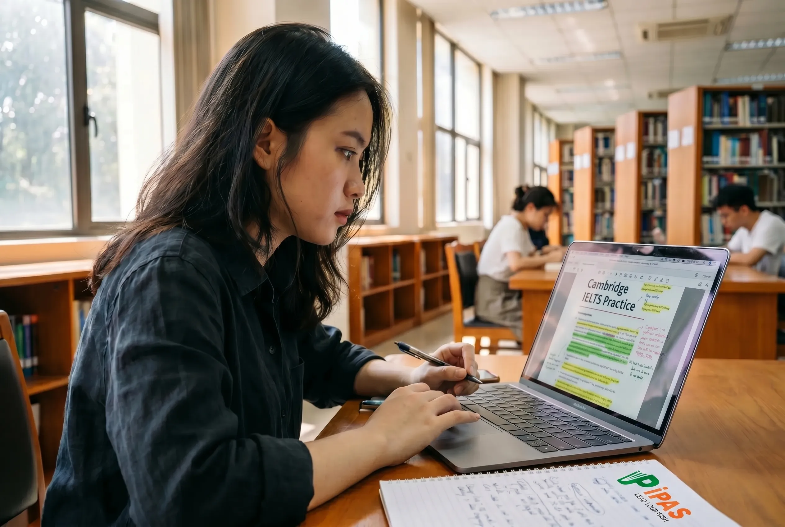 Một nữ sinh Việt Nam tập trung tự học tại nhà sử dụng tài liệu PDF miễn phí tự học IELTS trên laptop.