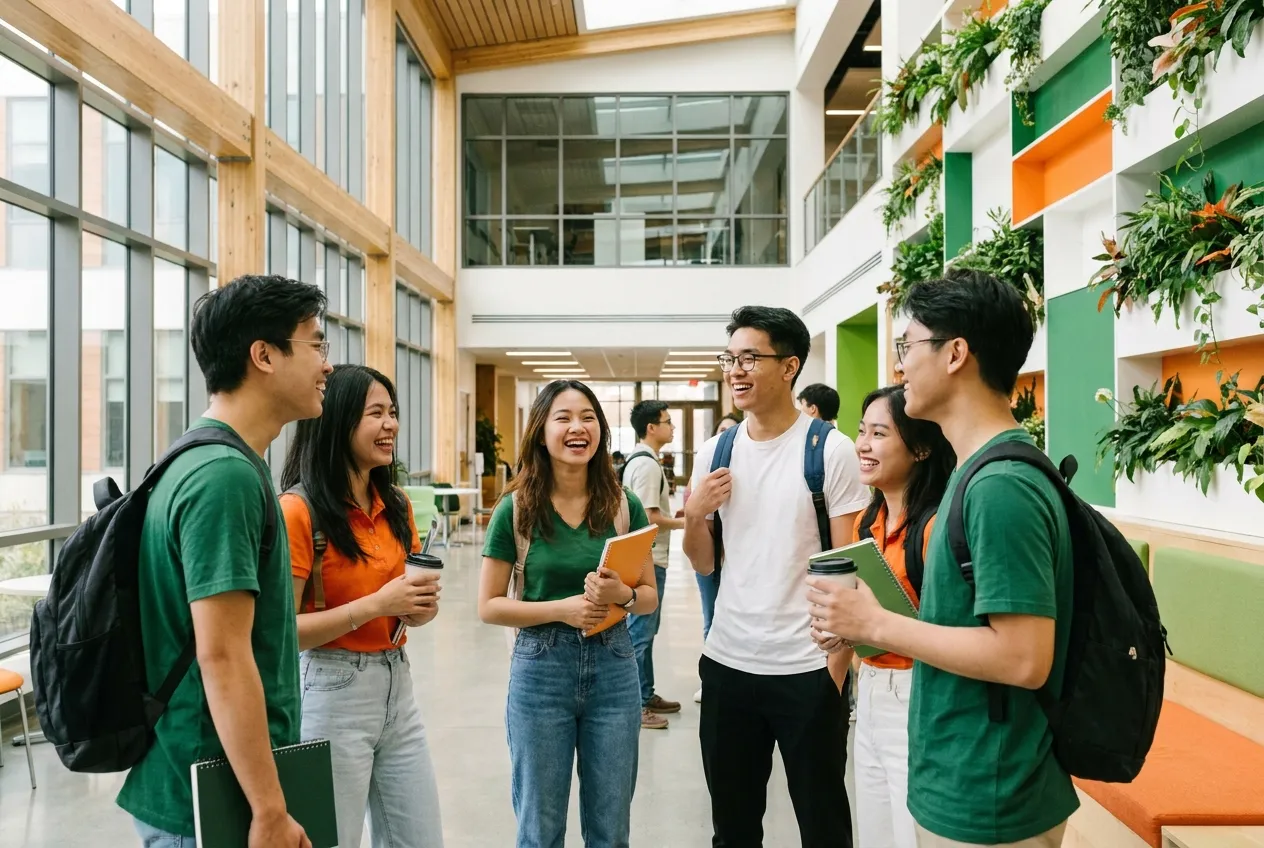 Tân sinh viên vui vẻ kết bạn nhờ khóa học tiếng Anh giao tiếp cơ bản tại Hải Phòng.