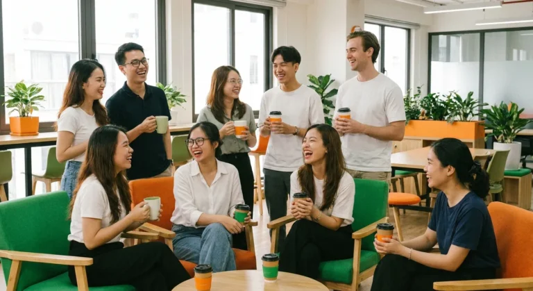 Nhóm bạn trẻ đa quốc gia trò chuyện vui vẻ nhờ tự tin kết nối trong môi trường quốc tế.