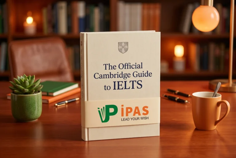 Hình ảnh sách The Official Cambridge Guide to IELTS chuẩn Cambridge tại bàn học.