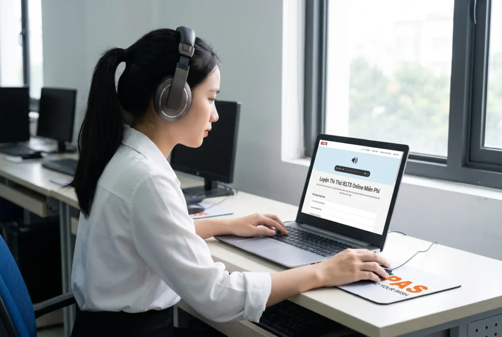 Một sinh viên Việt Nam đang thực hiện bài thi thử IELTS online miễn phí trên máy tính tại phòng Lab chuẩn quốc tế.
