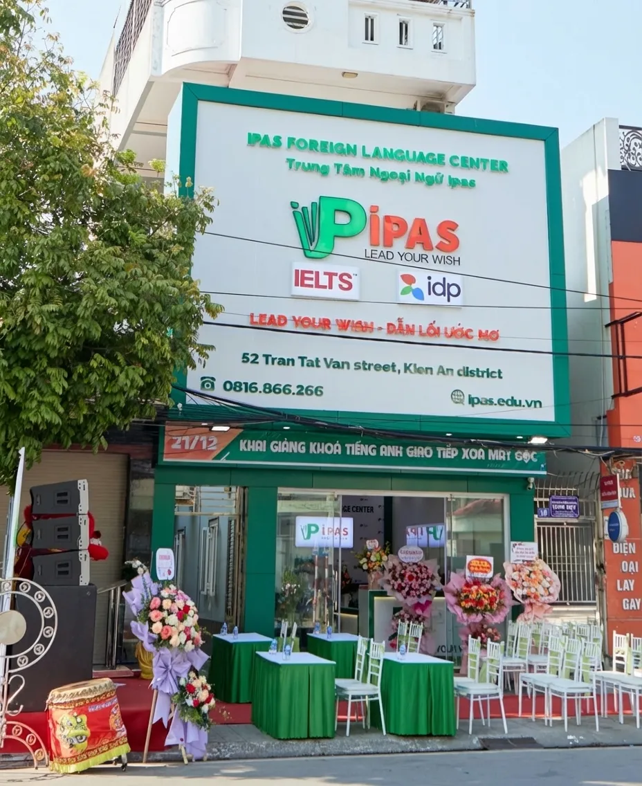 Trụ sở Trung tâm Ngoại ngữ IPAS tại số 52 Trần Tất Văn, Hải Phòng, đối tác chính thức của IDP chuyên đào tạo IELTS và tiếng Anh giao tiếp.