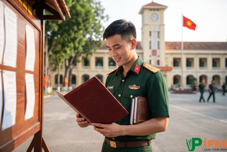 Hình ảnh một sĩ quan quân đội Việt Nam tự hào cầm hồ sơ chứng chỉ, minh họa cho việc các trường quân đội quy đổi 8.0 IELTS thành 10 điểm tiếng Anh khi xét tuyển đại học.
