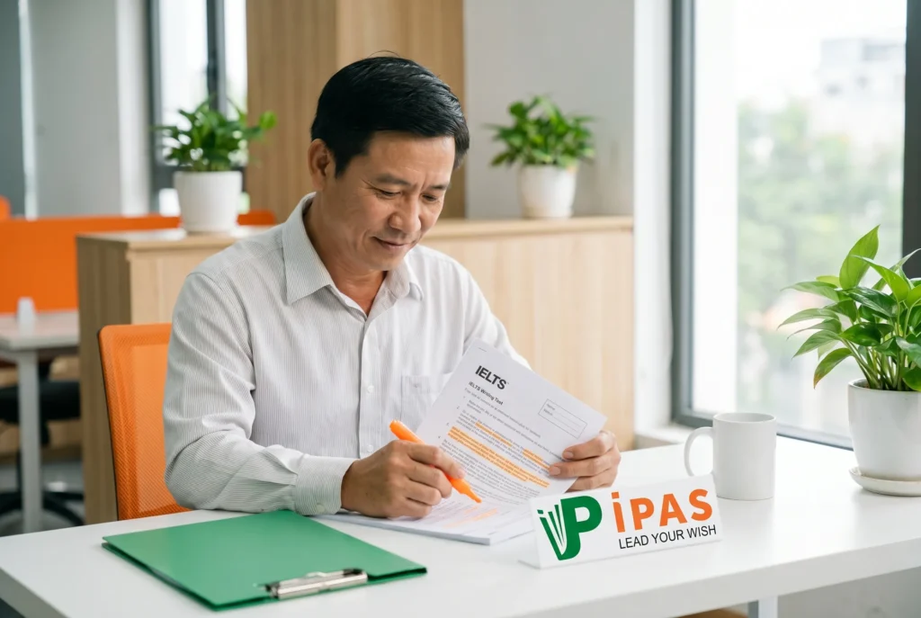 Hình ảnh giáo viên IPAS cập nhật xu hướng chấm điểm IELTS Writing mới nhất ưu tiên tính mạch lạc.
