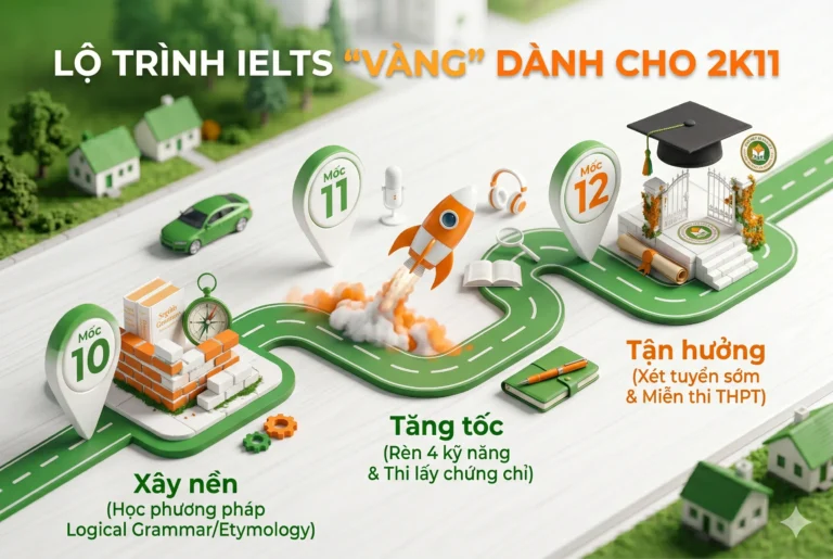 Sơ đồ chi tiết lộ trình học IELTS từ lớp 10 qua 3 giai đoạn giúp học sinh THPT xây nền, tăng tốc và tận hưởng xét tuyển sớm.