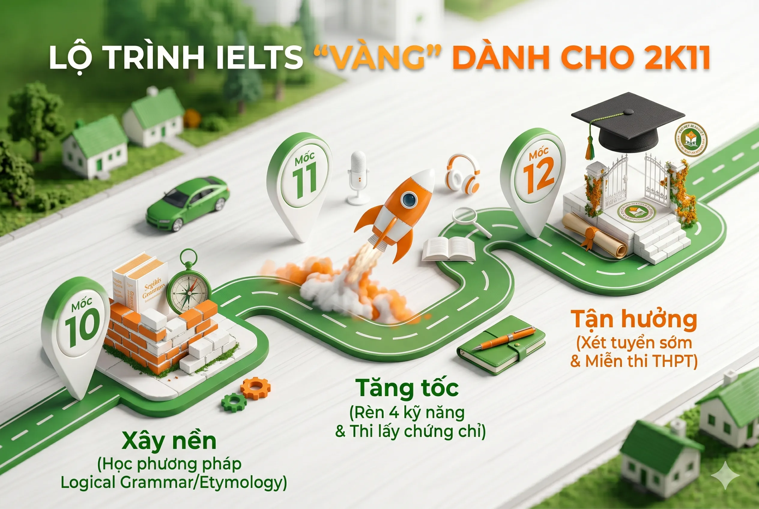 Sơ đồ chi tiết lộ trình học IELTS từ lớp 10 qua 3 giai đoạn giúp học sinh THPT xây nền, tăng tốc và tận hưởng xét tuyển sớm.