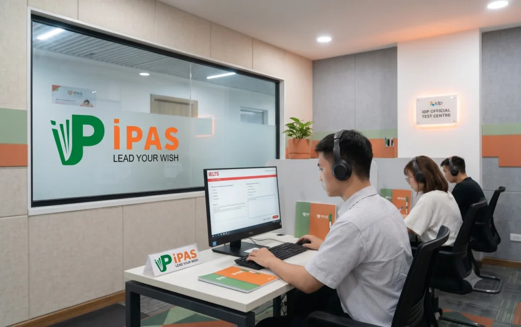 Thí sinh làm bài thi IELTS trên máy tính tại trung tâm IPAS, nơi cung cấp dịch vụ đăng ký thi IELTS tại đối tác IDP chính thức.