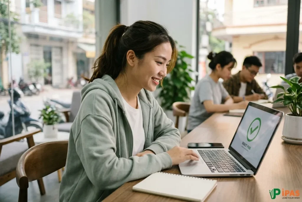 Một học sinh Việt Nam tại IPAS cười tự nhiên khi kiểm tra kết quả thi IELTS trên máy tính, phản ánh bối cảnh IELTS đổi mẫu bảng điểm toàn cầu.